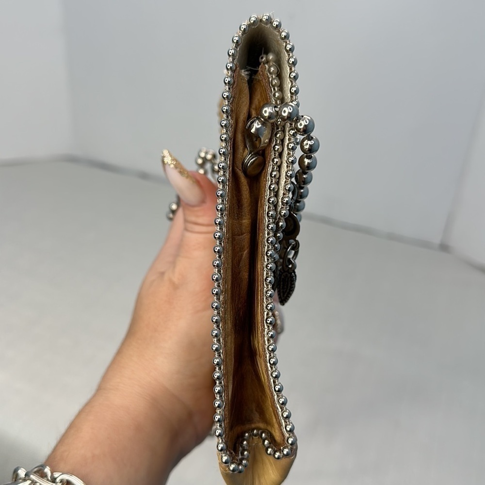 Nina Arjani Leatherock Leather Purse Turquoise Stones and silver Beaded Trim - Picture 3 of 8